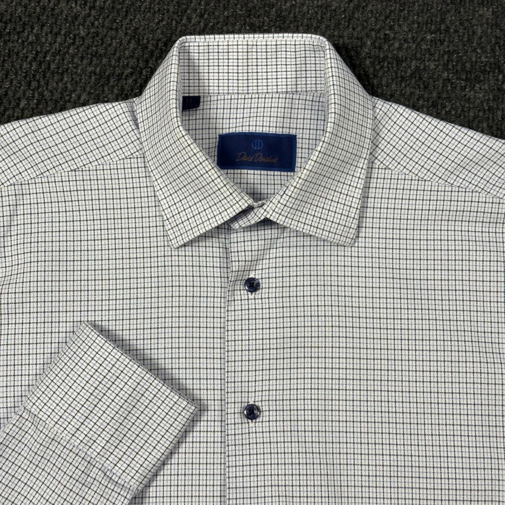 David Donahue Dress Shirt Mens 16 34/35 Blue White Micro Check Cotton